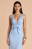 Light Blue Mermaid Deep V-Neck Long Bridesmaid Dress with Bow