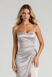 Silver Sheath Ruched Spaghetti Straps Long Bridesmaid Dress with Slit