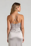 Silver Sheath Ruched Spaghetti Straps Long Bridesmaid Dress with Slit