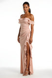 Candy Pink Sheath Ruffled Off the Shoulder Maxi Bridesmaid Dress with Slit