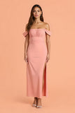 Blush Sheath Off the Shoulder Long Bridesmaid Dress with Slit