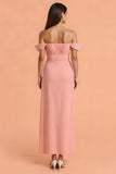 Blush Sheath Off the Shoulder Long Bridesmaid Dress with Slit