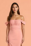 Blush Sheath Off the Shoulder Long Bridesmaid Dress with Slit