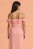 Blush Sheath Off the Shoulder Long Bridesmaid Dress with Slit
