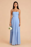 Light Blue A Line Spaghetti Straps Pleated Long Bridesmaid Dress