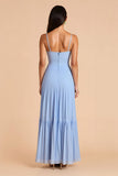 Light Blue A Line Spaghetti Straps Pleated Long Bridesmaid Dress