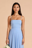 Light Blue A Line Spaghetti Straps Pleated Long Bridesmaid Dress