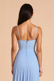 Light Blue A Line Spaghetti Straps Pleated Long Bridesmaid Dress