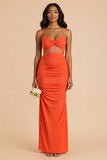 Orange Sheath Ruched Spaghetti Straps Cut Out Maxi Bridesmaid Dress