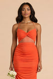 Orange Sheath Ruched Spaghetti Straps Cut Out Maxi Bridesmaid Dress