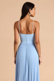 Sky Blue Pleated A Line Spaghetti Straps Maxi Bridesmaid Dress