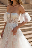 Off The Shoulder Ivory Appliqued Sweep Train Wedding Dress