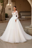 Ivory Long Sleeve Appliqued Sweep Train Wedding Dress