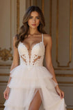 Ivory A Line Tiered Sweep Train Wedding Dress With Slit