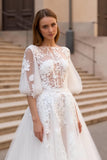 Ivory Appliqued A Line Sweep Train Floral Wedding Dress With Sleeves