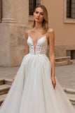 Ivory Backless A Line Sweep Train Wedding Dress With Lace