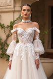 Ivory Off The Shoulder Sweep Train Tulle Wedding Dress With Sleeves
