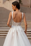 Ivory A Line Square Neck Corset Tulle Court Train Wedding Dress With Lace