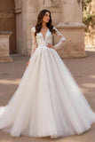 Ivory A-Line V-Neck Long Sleeves Court Train Wedding Dress With Lace