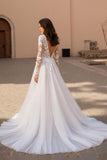 Ivory A-Line V-Neck Long Sleeves Court Train Wedding Dress With Lace