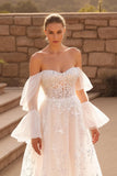 Ivory A Line Off The Shoulder Flare Sleeve Chapel Train Wedding Dress With Lace Appliques