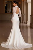 Ivory Mermaid High Neck Long Sleeve Court Train Wedding Dress With Lace