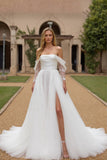 Ivory A Line Off The Shoulder Ruched Court Train Wedding Dress With Lace Appliques