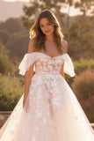 Ivory A Line Off The Shoulder Flutter Sleeve Court Train Wedding Dress With Lace