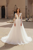 Ivory Tulle A Line V Neck Lace Long Wedding Dress With Long Sleeves