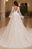 Lace Appliqued V Neck Tulle A Line Wedding Dress