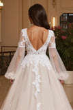 Lace Appliqued V Neck Tulle A Line Wedding Dress