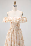 Champagne Flower Off The Shoulder Corset A-Line Bridesmaid Dress With Slit