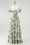 Green Floral A Line Off The Shoulder Ruffled Bridesmaid Dress