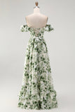 Green Floral A Line Off The Shoulder Ruffled Bridesmaid Dress