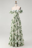 Green Floral A Line Off The Shoulder Ruffled Bridesmaid Dress