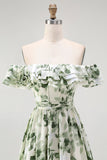 Green Floral A Line Off The Shoulder Ruffled Bridesmaid Dress