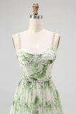 Green Flower A Line Pearl Long Bridesmaid Dress with Lace-up Back