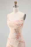 Champagne A Line Cowl Neck Floral Burnout Long Bridesmaid Dress