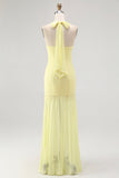 Yellow Halter Sheath Ruched Tie Back Long Bridesmaid Dress