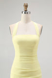 Yellow Halter Sheath Ruched Tie Back Long Bridesmaid Dress