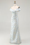 Off The Shoulder Blue Floral Jacquard Mermaid Ruched Prom Dress