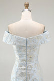 Off The Shoulder Blue Floral Jacquard Mermaid Ruched Prom Dress