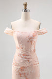 Off the Shoulder Mermaid Champagne Printed Ruched Wedding Guest Dress