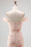 Off the Shoulder Mermaid Champagne Printed Ruched Wedding Guest Dress