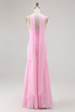 Blush Strapless Ruched Long Bridesmaid Dress with Slit