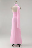 Sheath One Shoulder Blush Long Bridesmaid Dress with Streamer