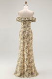 Champagne Flower Sheath Off The Shoulder Wedding Guest Dress