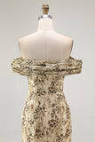 Champagne Flower Sheath Off The Shoulder Wedding Guest Dress