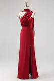 Burgundy One Shoulder Sheath Long Formal Dress with Streamer