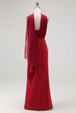Burgundy One Shoulder Sheath Long Formal Dress with Streamer